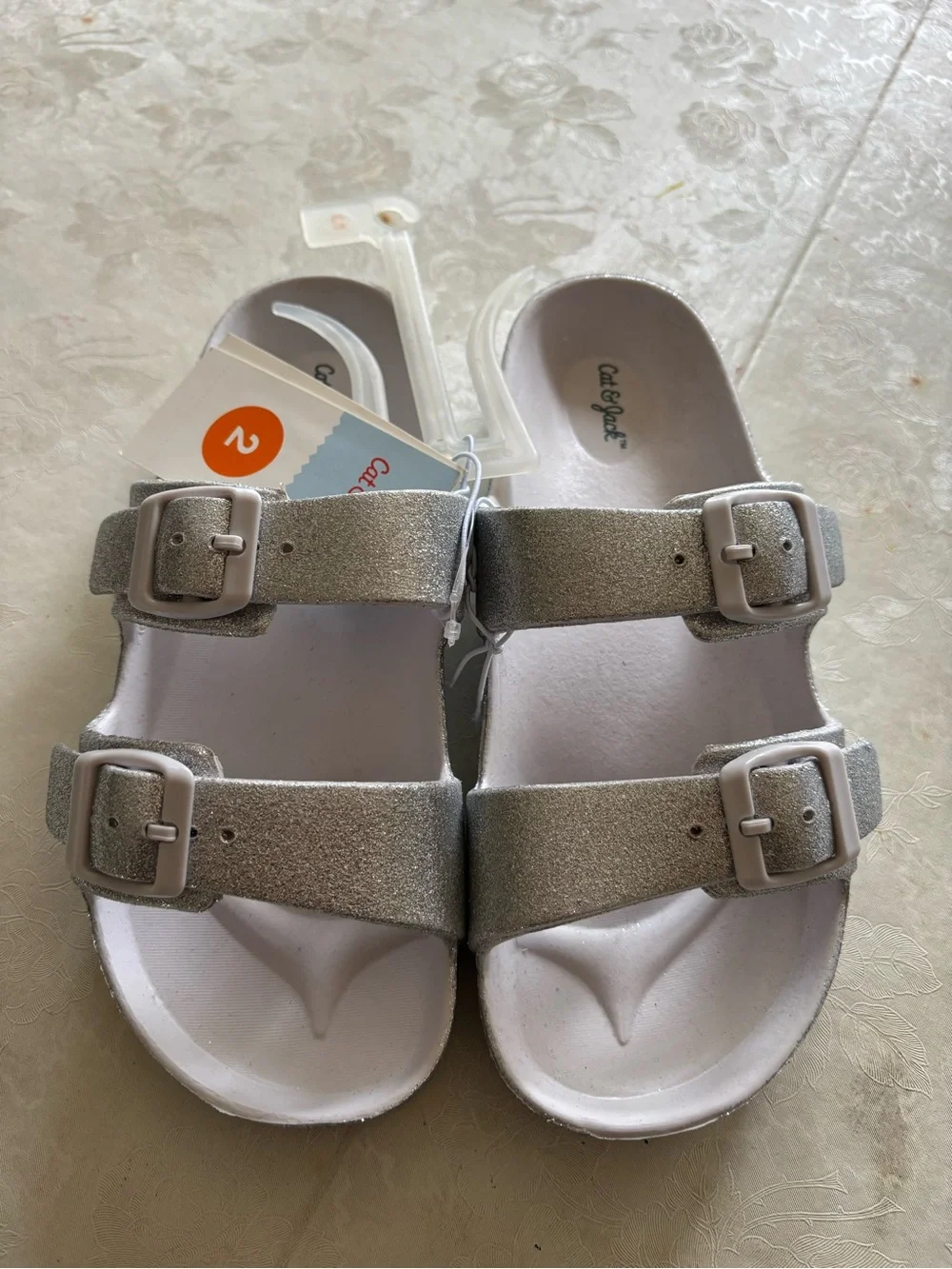 Cat & Jack Silver Glitter Double-Buckle Kids Sandals size 2